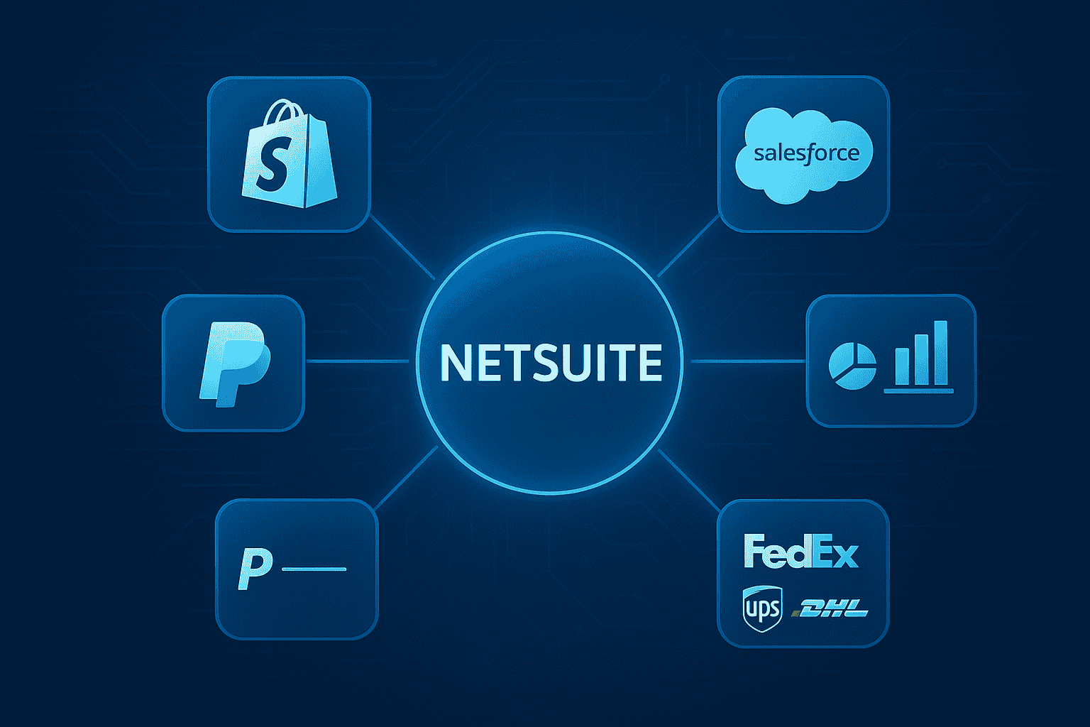 NetSuite Integration Ecosystem - Showing connections between NetSuite and various platforms including Shopify, Salesforce, PayPal, shipping services, and analytics tools